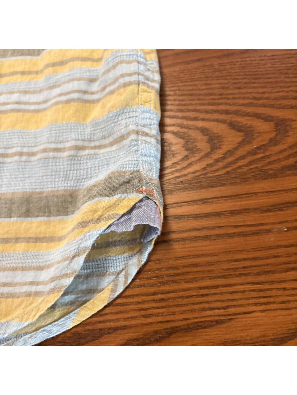 True Grit Men's Size M Short Sleeve Button Down Shirt Striped Blue Yellow Slub - Picture 8 of 9